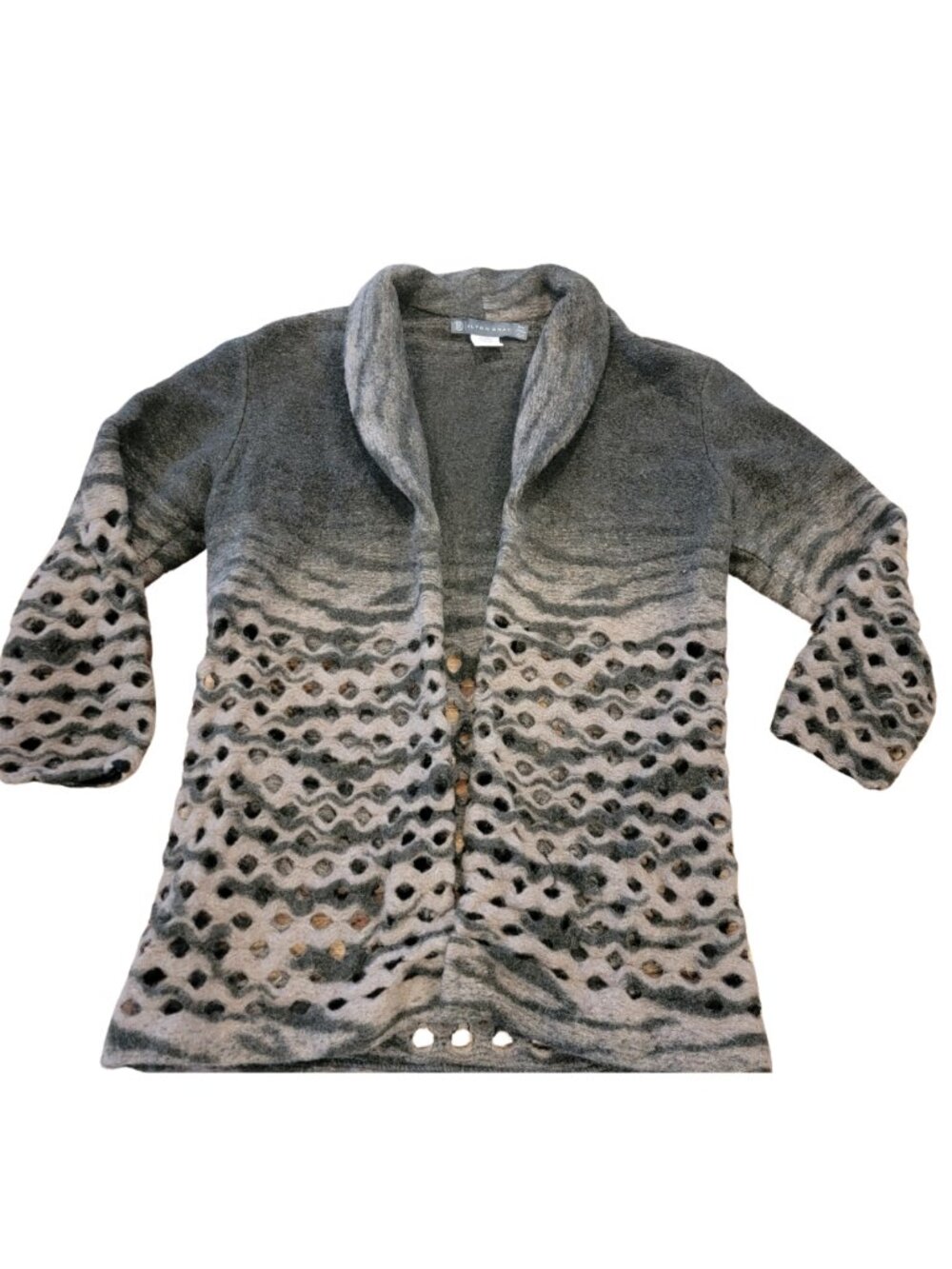 Alton Gray Laser Cut Gray Longline Open Cardigan Wool Sweater